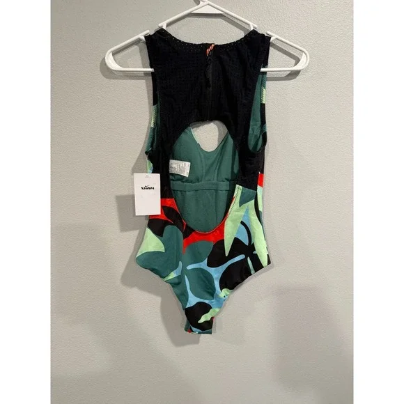 Nike Swimsuit Womens Small Black Green Swoosh Logo Keyhole Zipper Back One-Piece - Picture 2 of 9